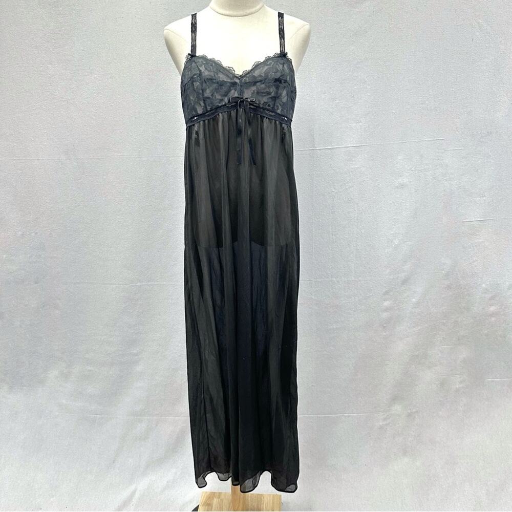 Vintage 60s 70s black semi sheer floor length nightgown lace‎ straps  size 14-16
